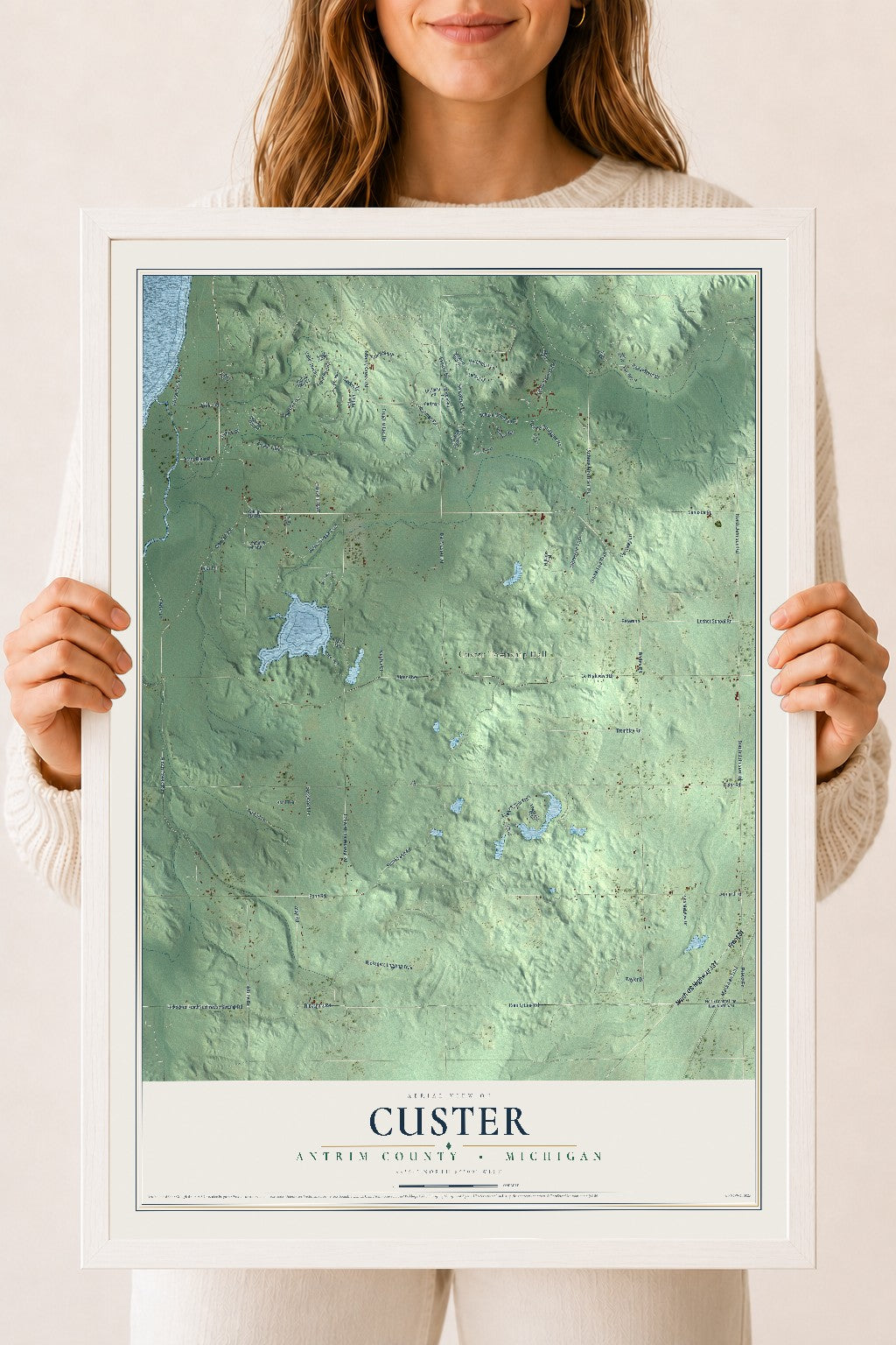 Map of Custer, Antrim County, Michigan, 18 x 24 inch print in a white wood frame