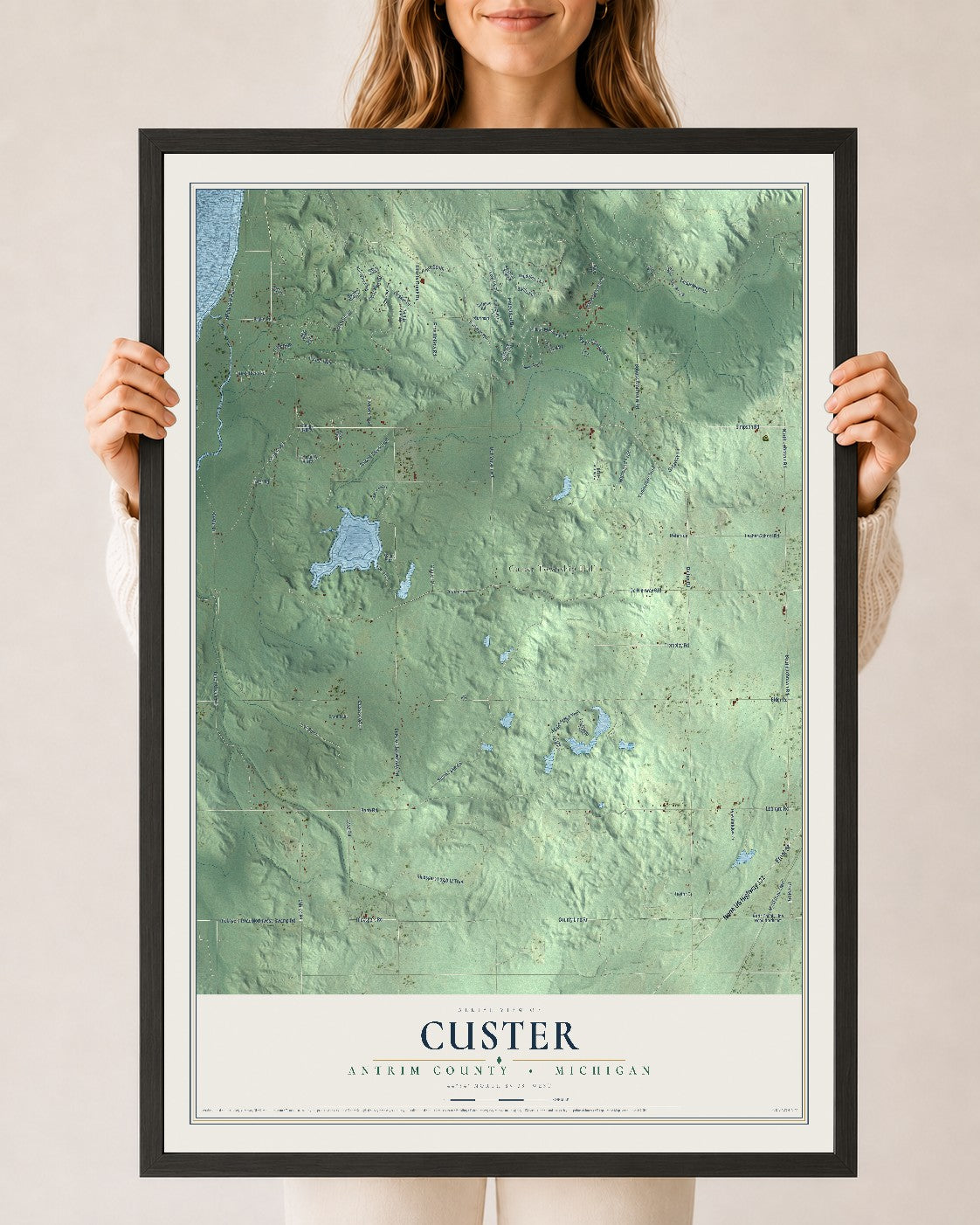 Map of Custer, Antrim County, Michigan, 24 x 36 inch print in a black wood frame