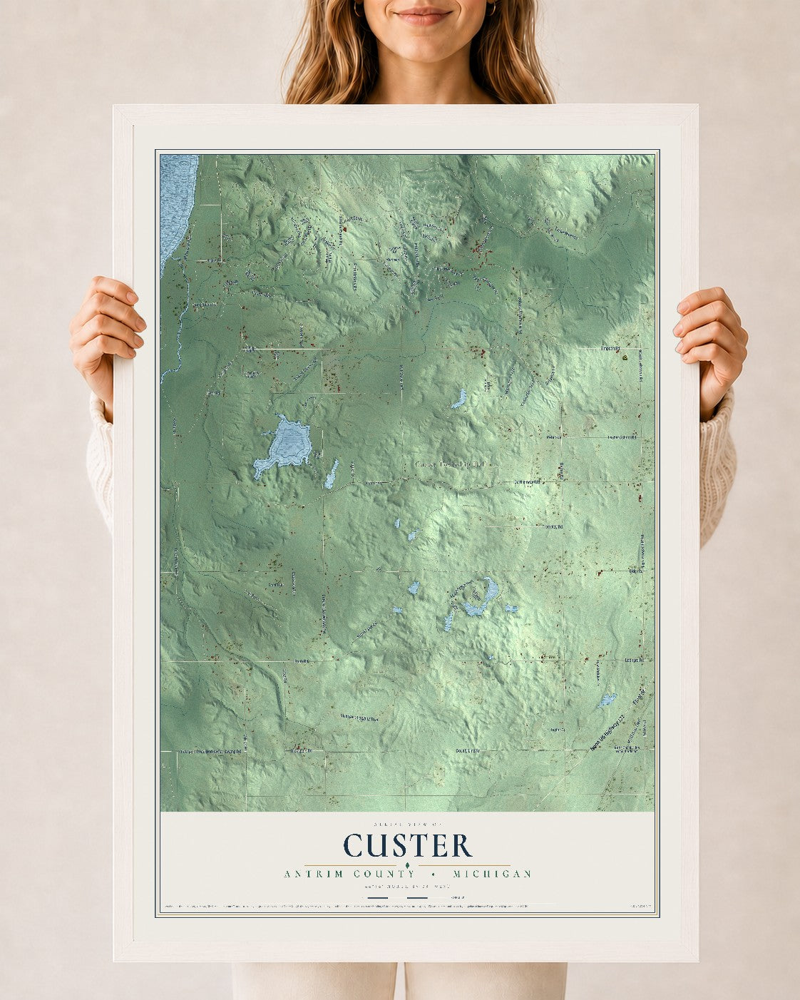 Map of Custer, Antrim County, Michigan, 24 x 36 inch print in a white wood frame