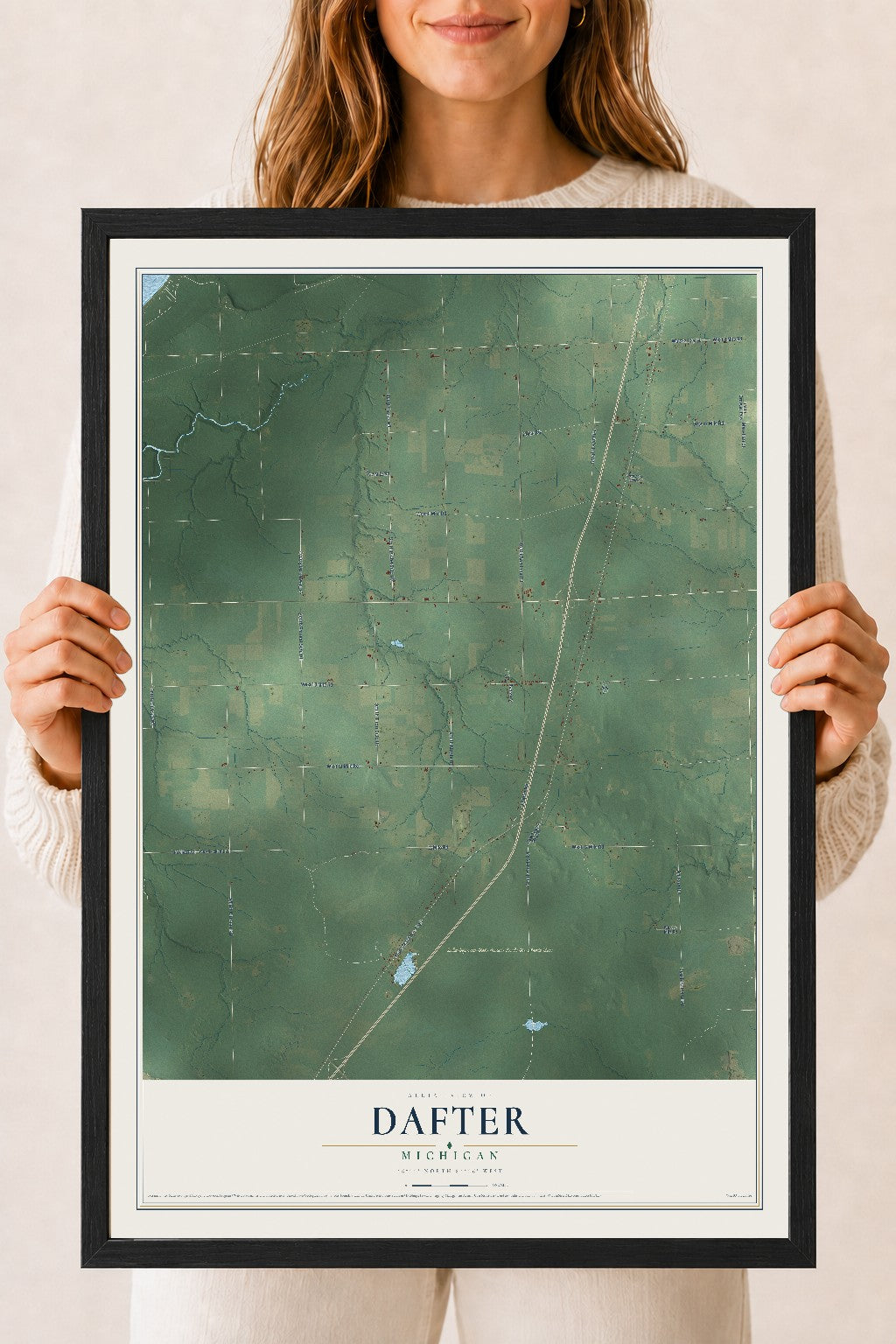 Map of Dafter, Michigan, 18 x 24 inch print in a black wood frame