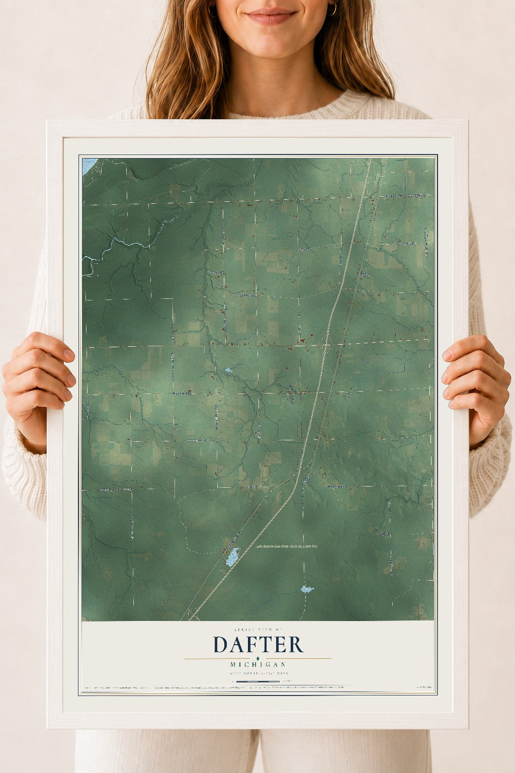 Map of Dafter, Michigan, 18 x 24 inch print in a white wood frame