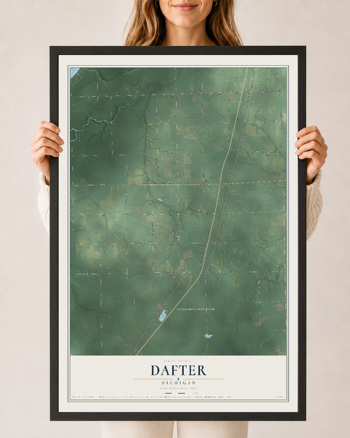 Map of Dafter, Michigan, 24 x 36 inch print in a black wood frame