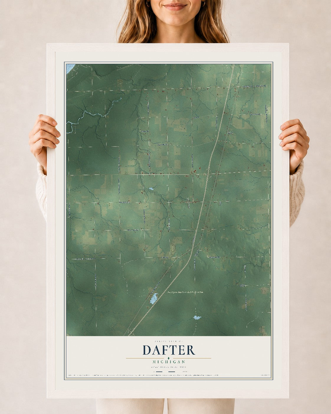 Map of Dafter, Michigan, 24 x 36 inch print in a white wood frame