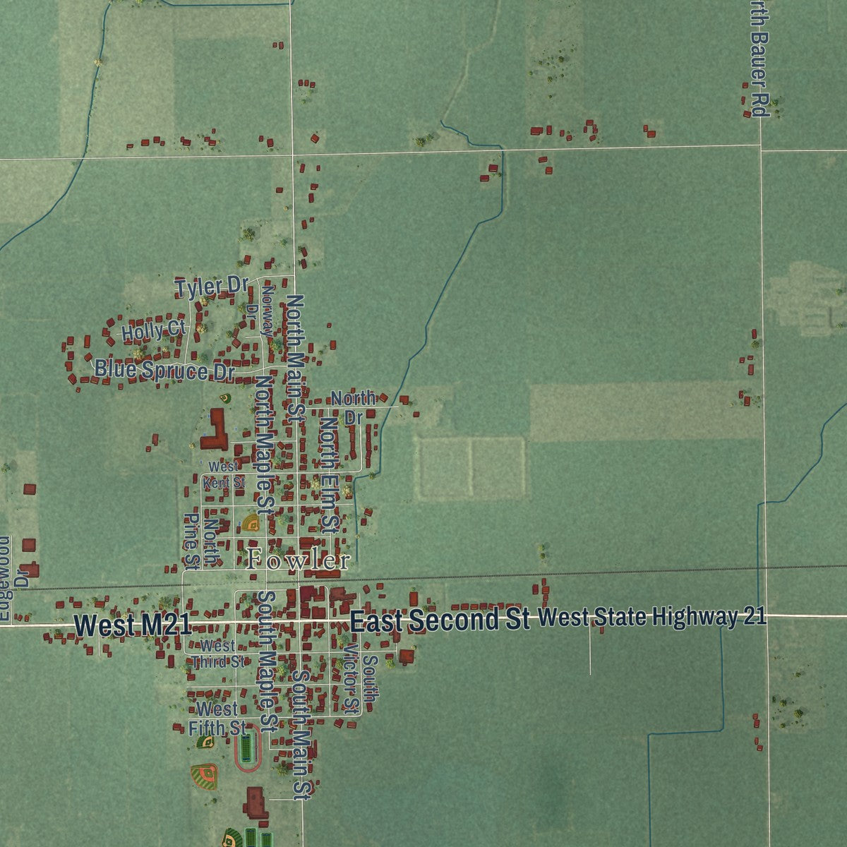 Close-up of the map of Dallas, Michigan print showing street and building detail