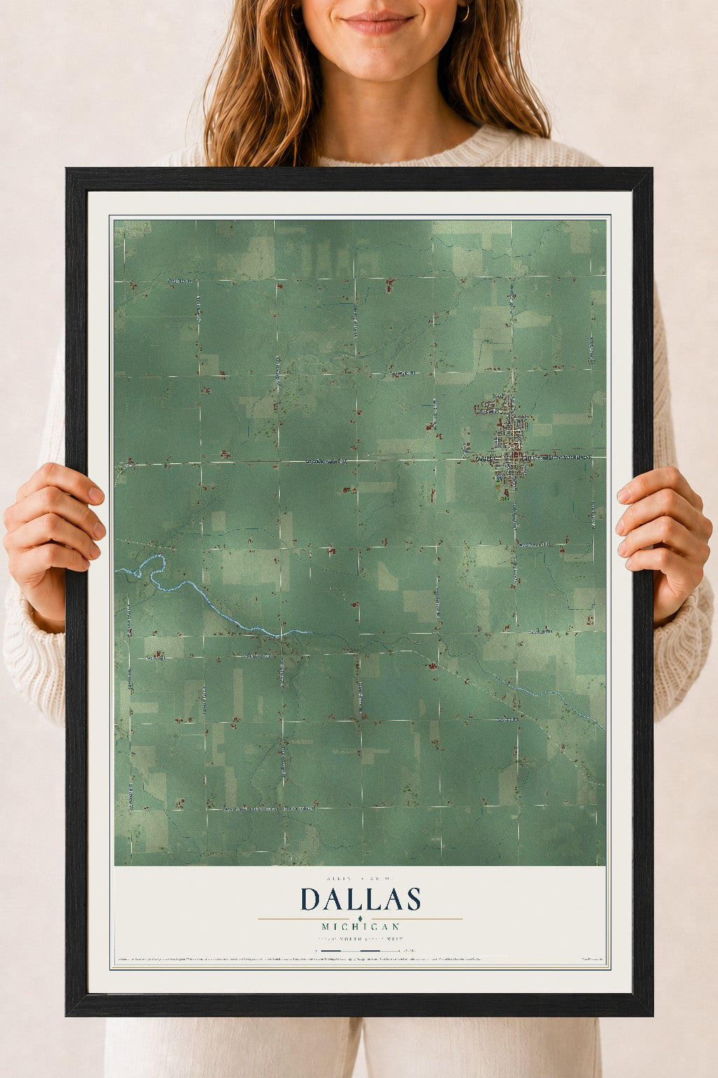 Map of Dallas, Michigan, 18 x 24 inch print in a black wood frame