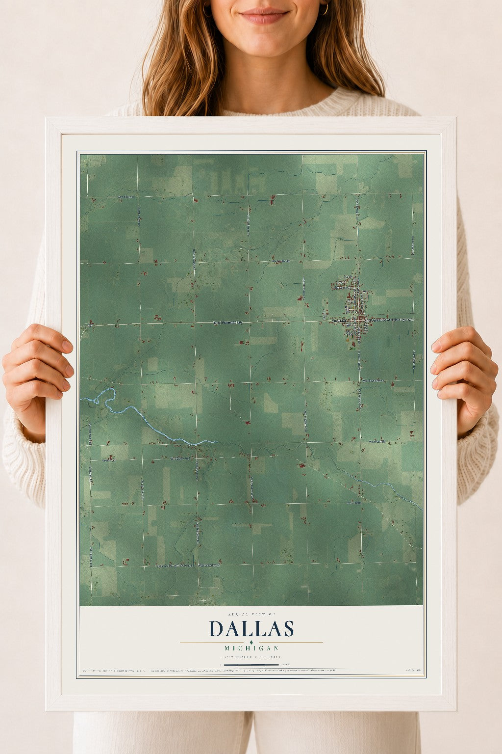 Map of Dallas, Michigan, 18 x 24 inch print in a white wood frame