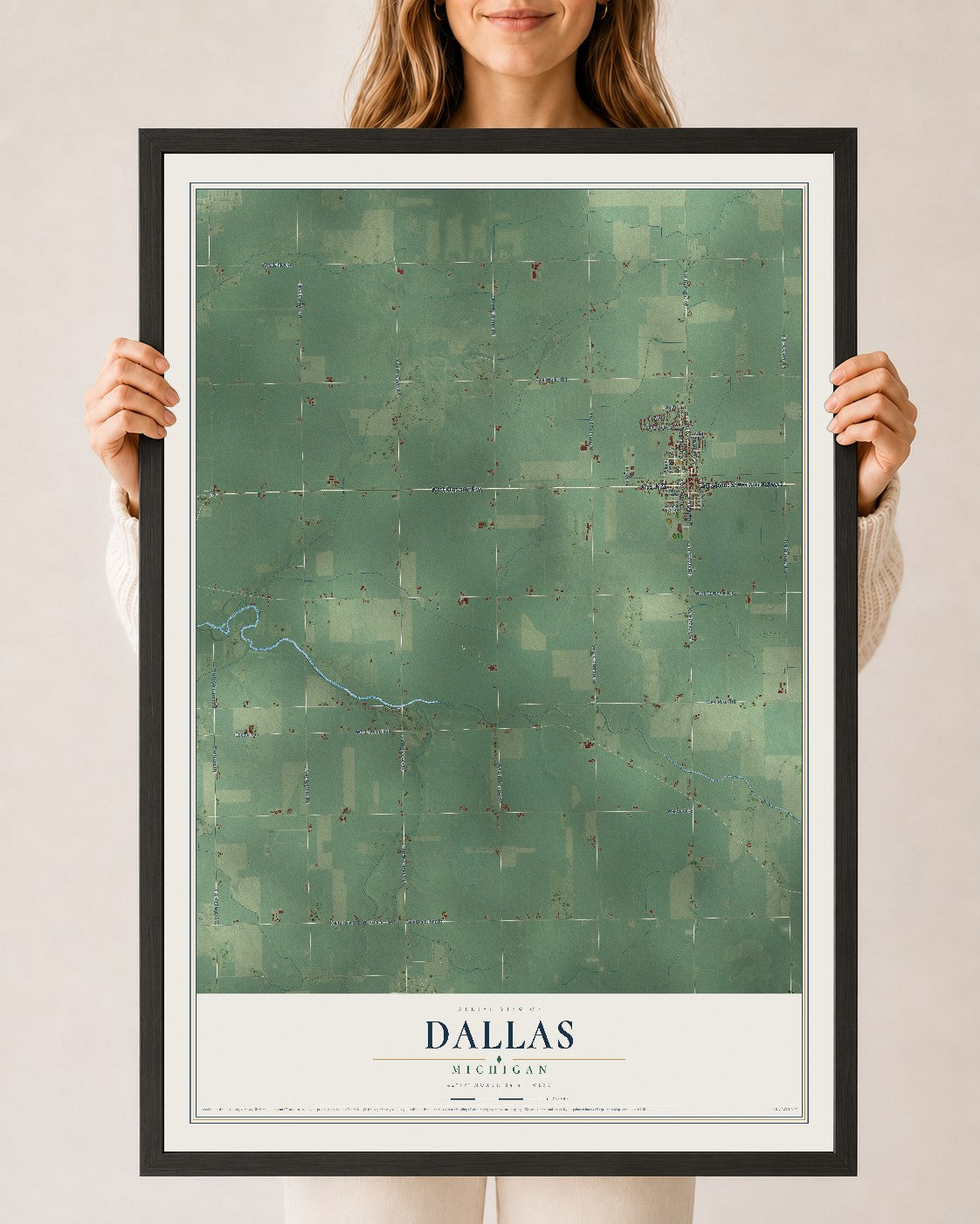 Map of Dallas, Michigan, 24 x 36 inch print in a black wood frame