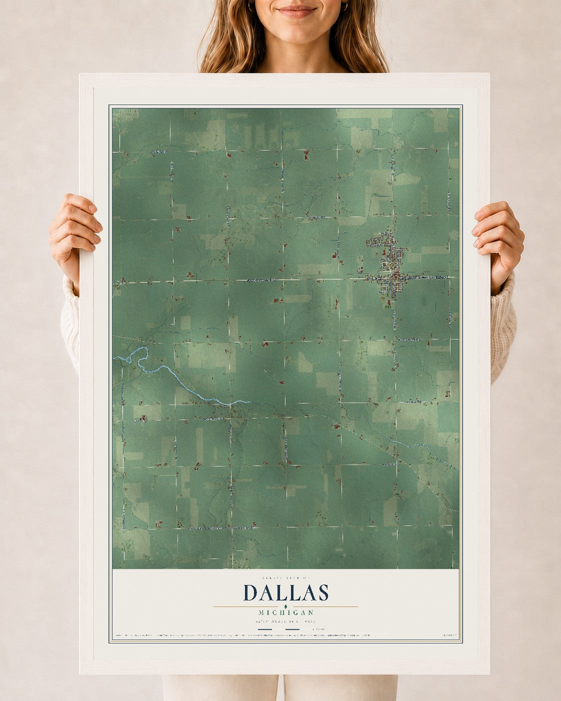 Map of Dallas, Michigan, 24 x 36 inch print in a white wood frame