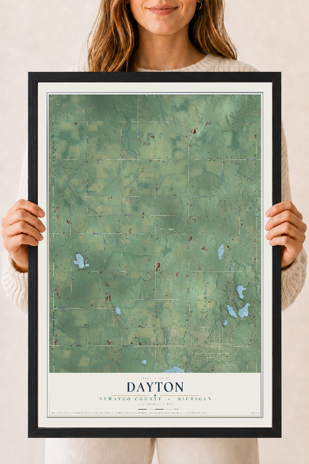 Map of Dayton, Newaygo County, Michigan, 18 x 24 inch print in a black wood frame
