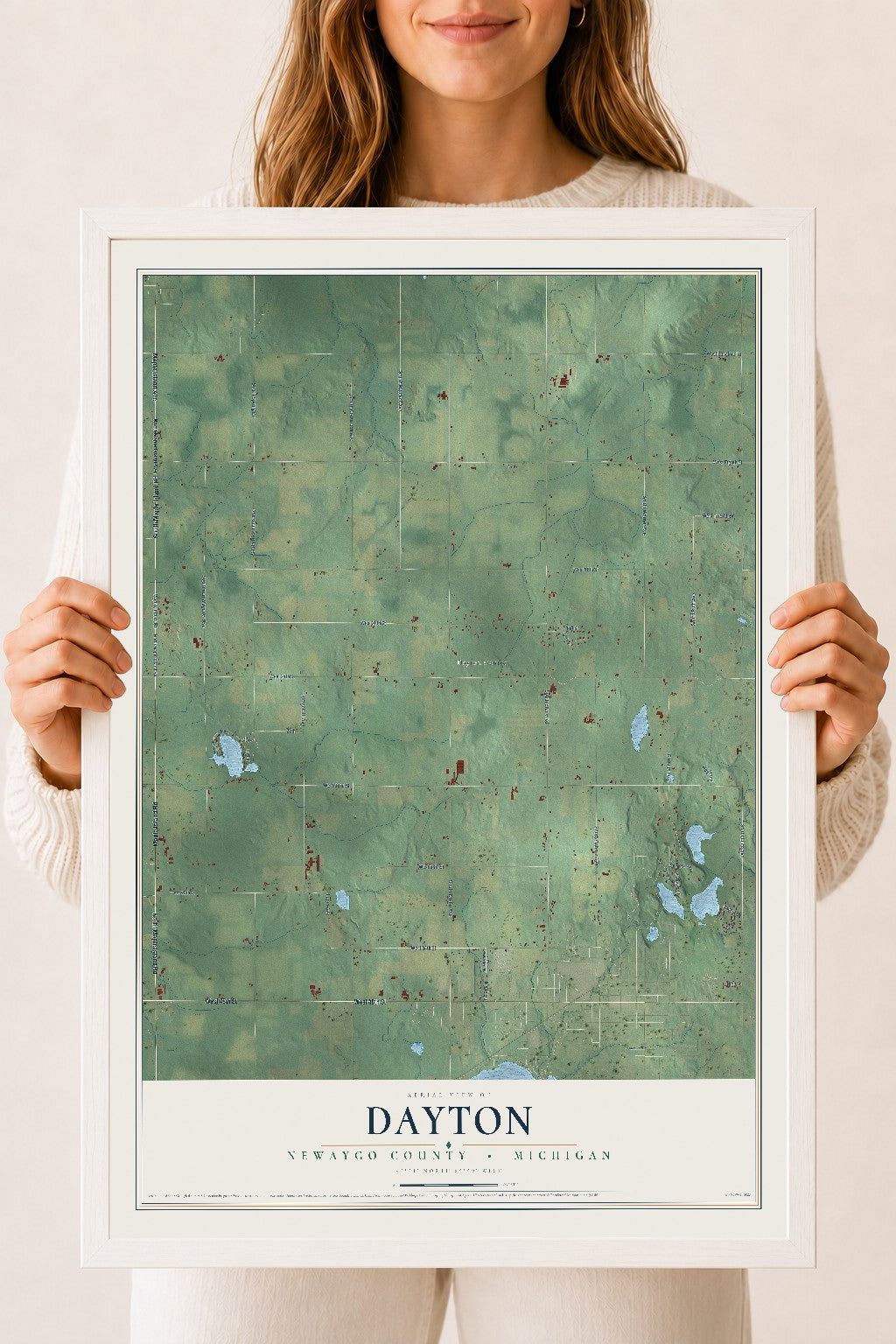 Map of Dayton, Newaygo County, Michigan, 18 x 24 inch print in a white wood frame