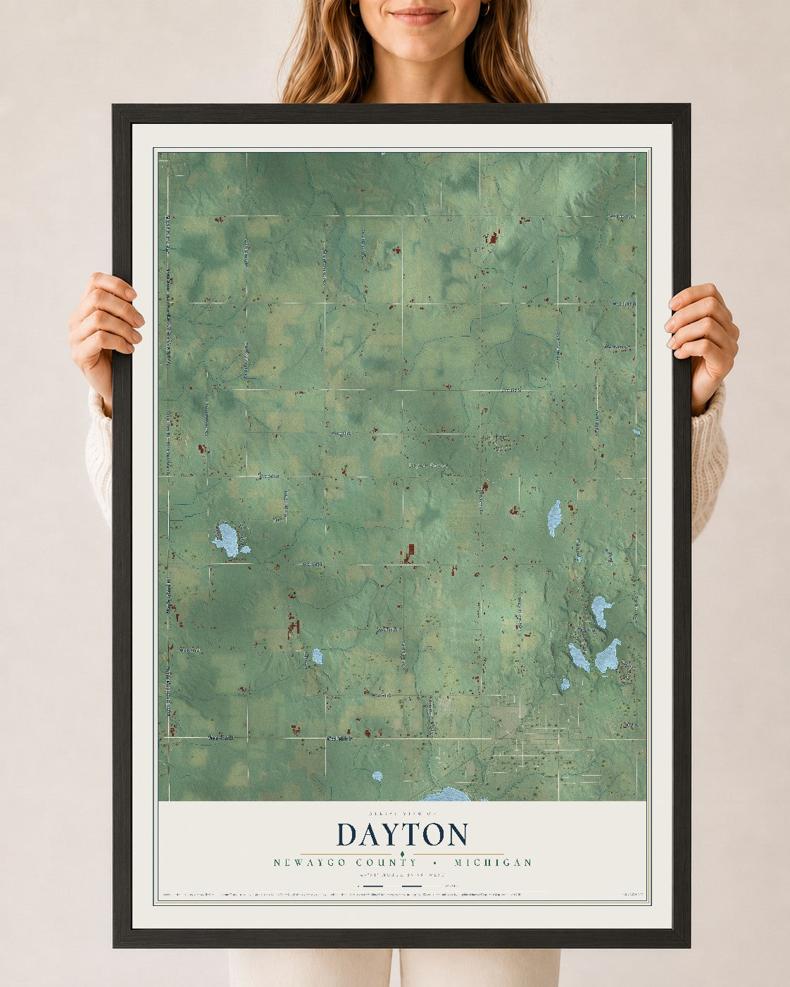 Map of Dayton, Newaygo County, Michigan, 24 x 36 inch print in a black wood frame