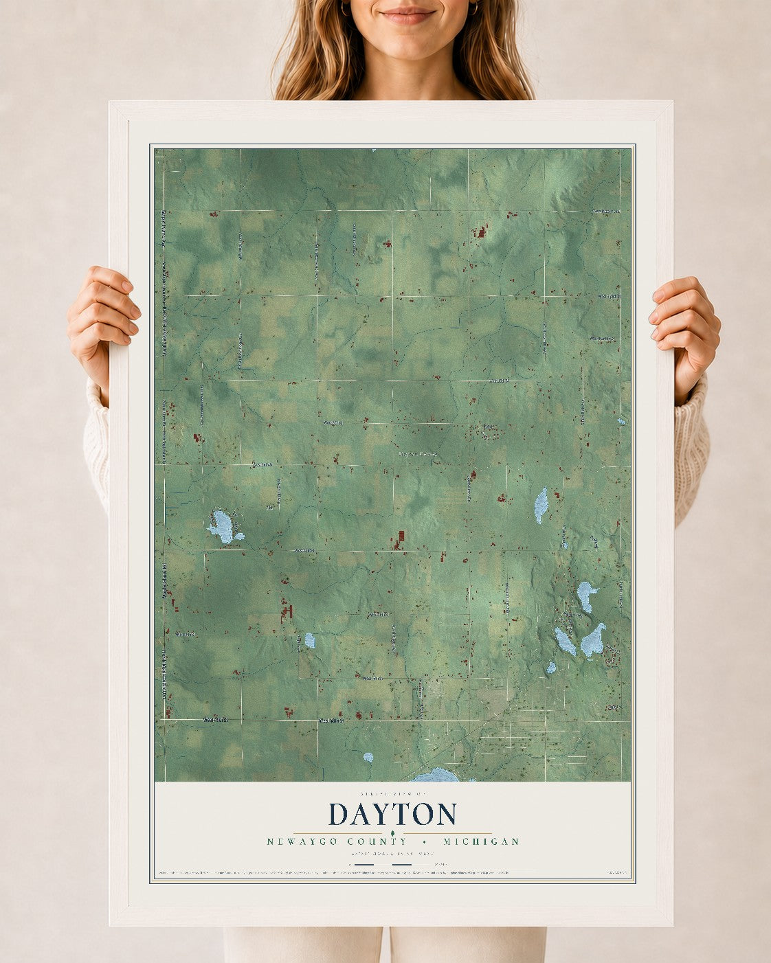 Map of Dayton, Newaygo County, Michigan, 24 x 36 inch print in a white wood frame