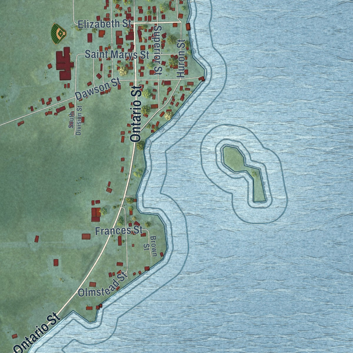 Close-up of the map of De Tour Village, Michigan print showing street and building detail