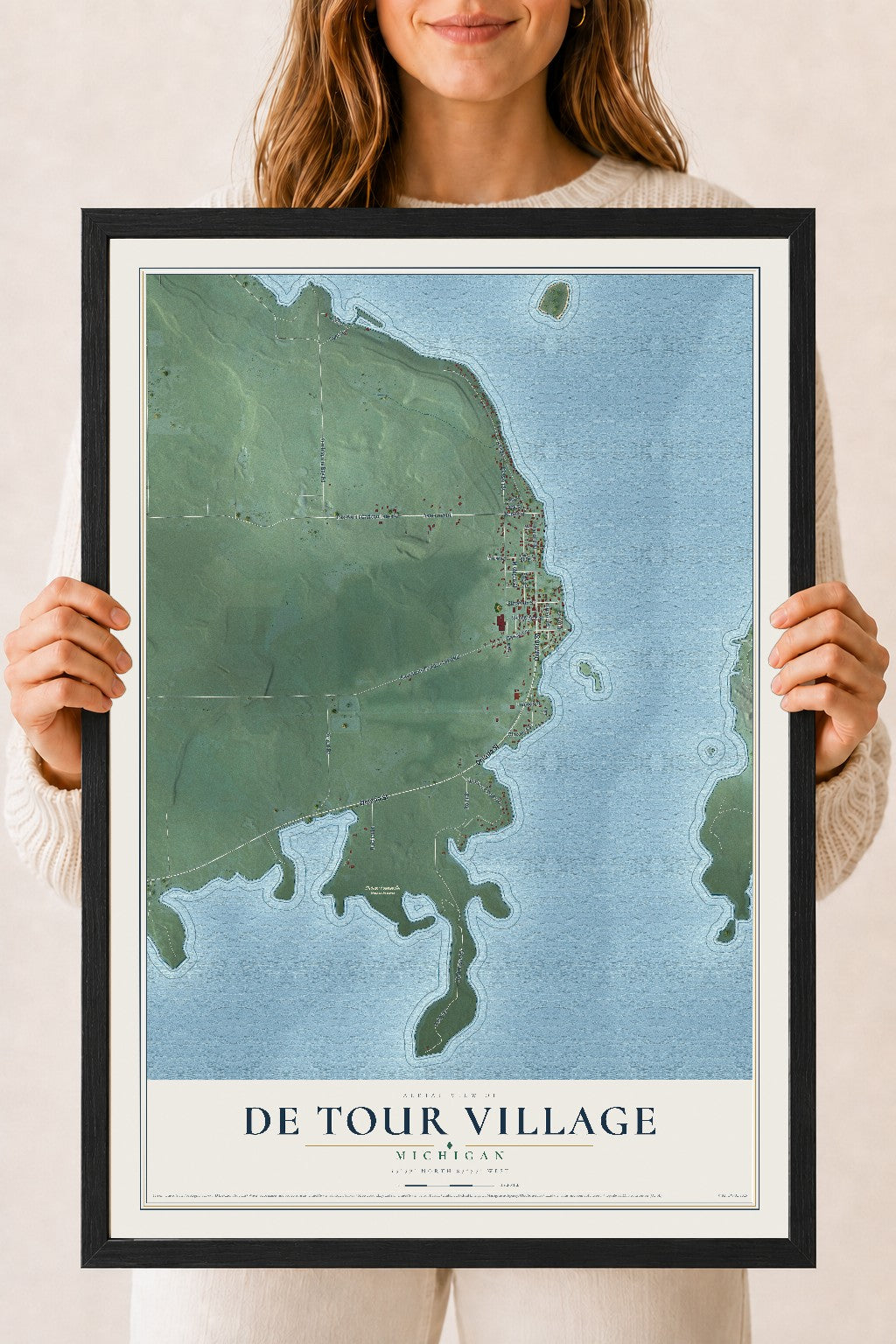 Map of De Tour Village, Michigan, 18 x 24 inch print in a black wood frame