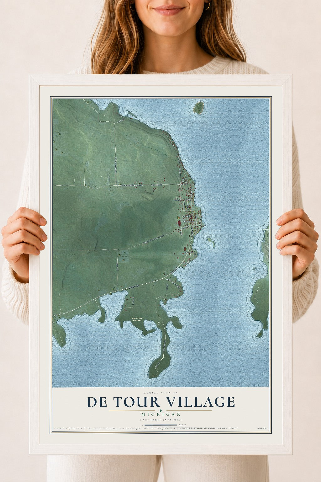 Map of De Tour Village, Michigan, 18 x 24 inch print in a white wood frame