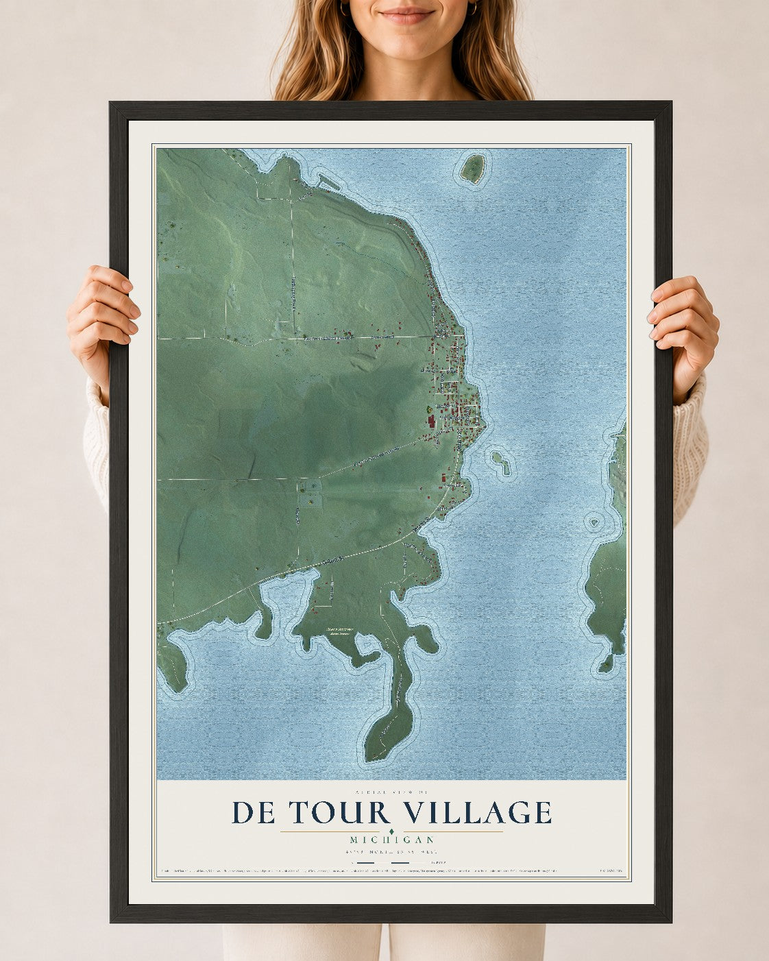 Map of De Tour Village, Michigan, 24 x 36 inch print in a black wood frame