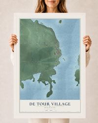 Map of De Tour Village, Michigan, 24 x 36 inch print in a white wood frame
