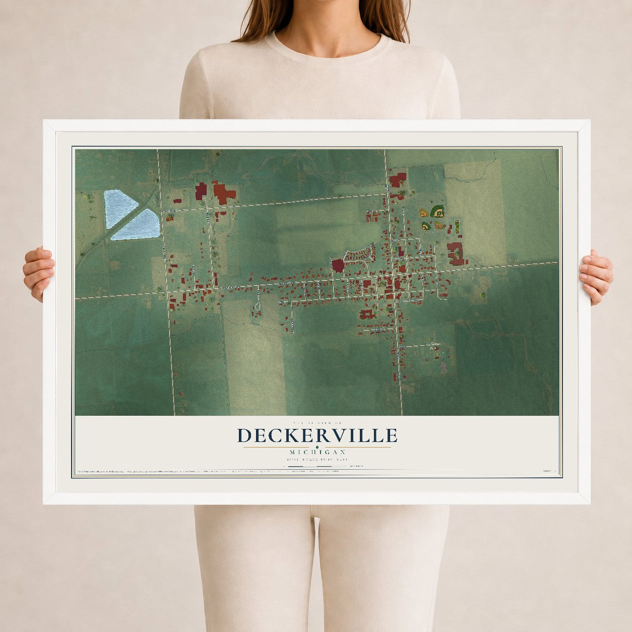 Map of Deckerville, Michigan, 24 x 36 inch print in a white wood frame