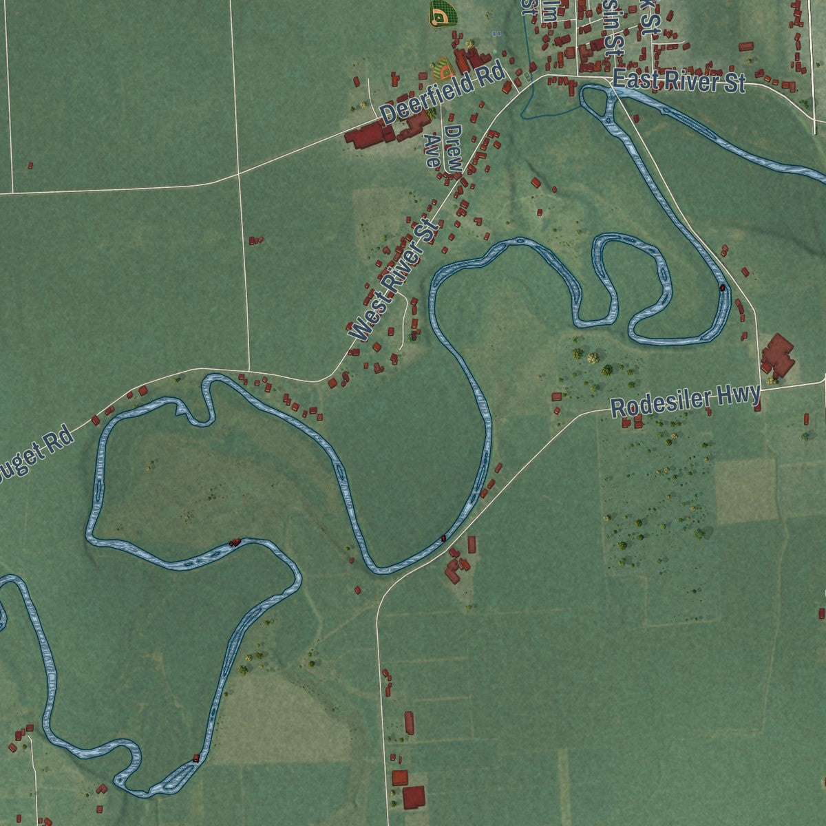 Close-up of the map of Deerfield, Lenawee County, Michigan print showing street and building detail