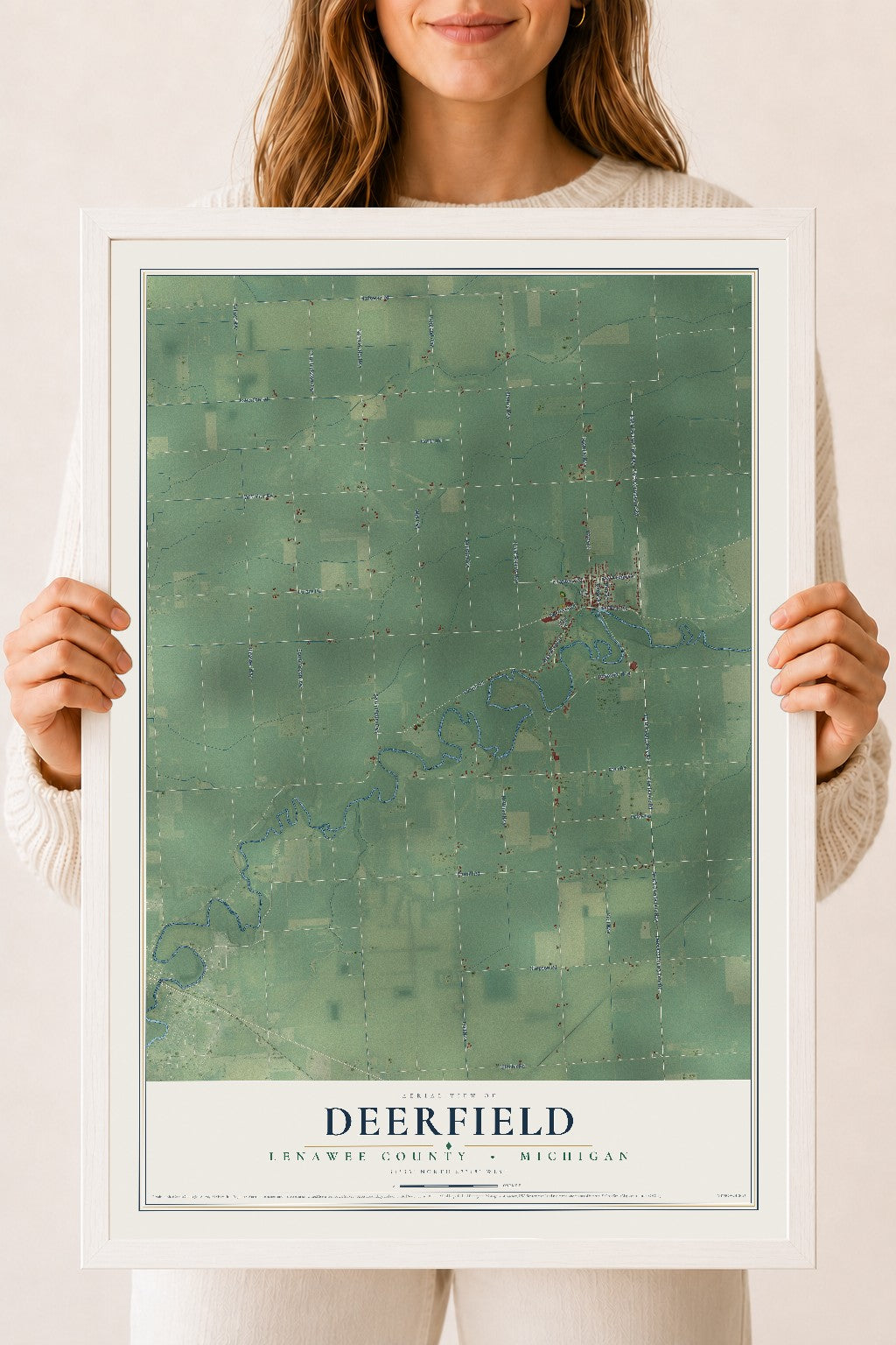 Map of Deerfield, Lenawee County, Michigan, 18 x 24 inch print in a white wood frame