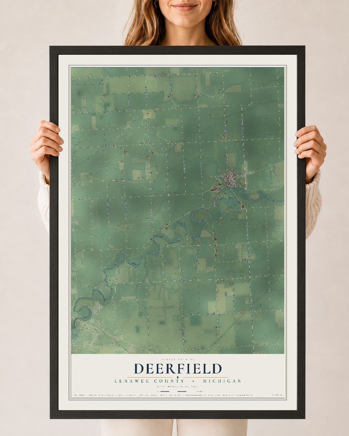 Map of Deerfield, Lenawee County, Michigan, 24 x 36 inch print in a black wood frame