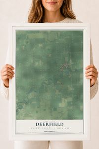 Map of Deerfield, Lenawee County, Michigan, 18 x 24 inch print in a white wood frame