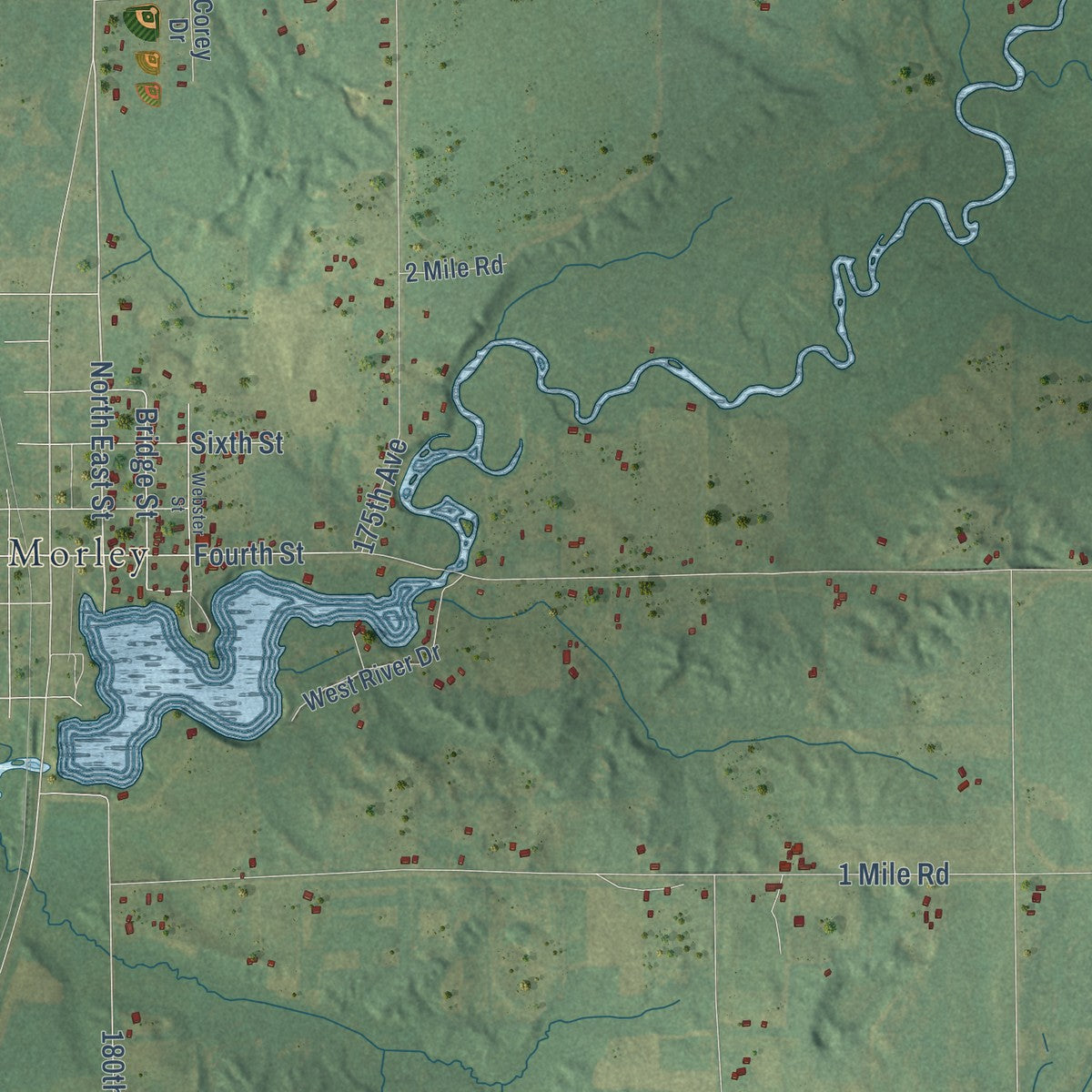 Close-up of the map of Deerfield, Mecosta County, Michigan print showing street and building detail