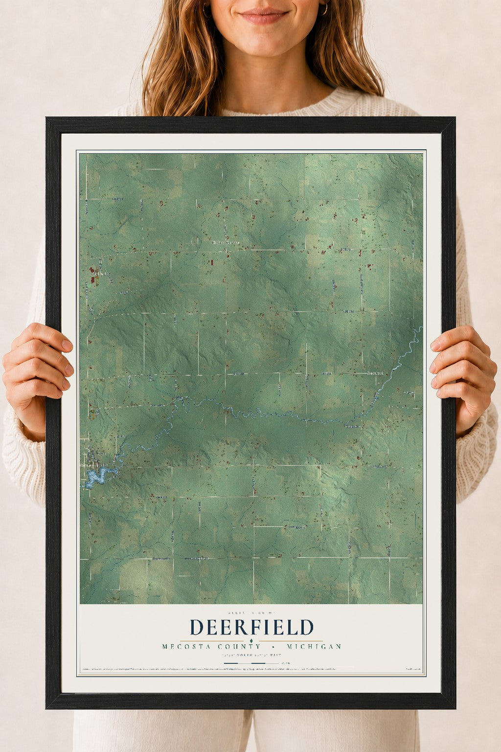 Map of Deerfield, Mecosta County, Michigan, 18 x 24 inch print in a black wood frame