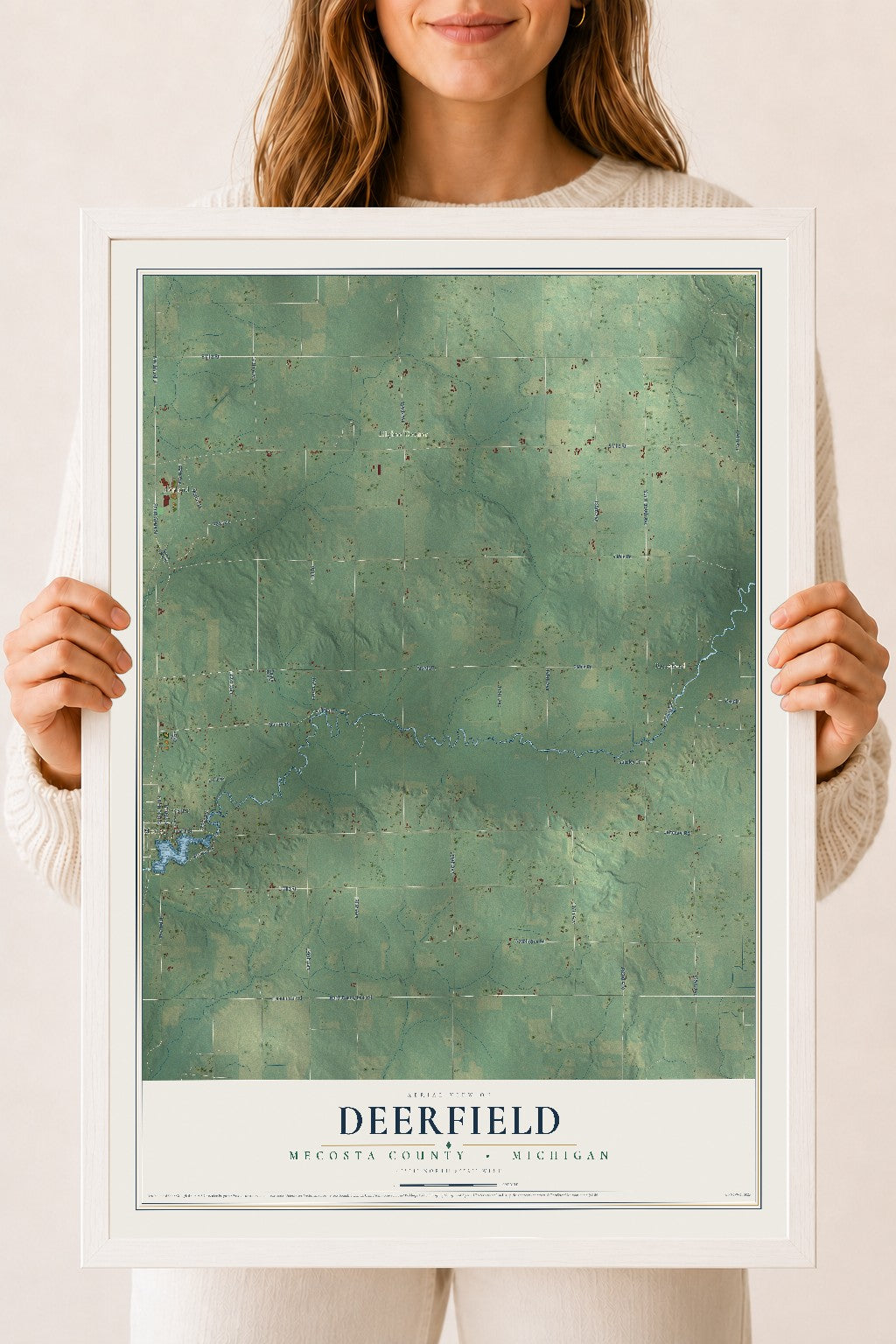 Map of Deerfield, Mecosta County, Michigan, 18 x 24 inch print in a white wood frame