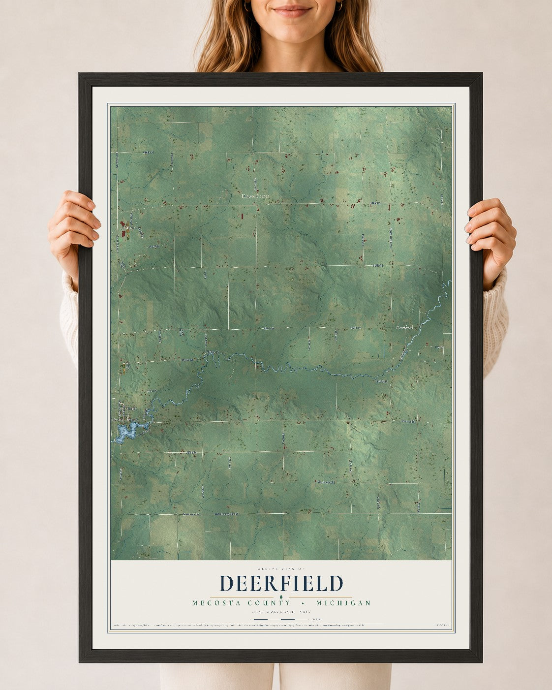 Map of Deerfield, Mecosta County, Michigan, 24 x 36 inch print in a black wood frame