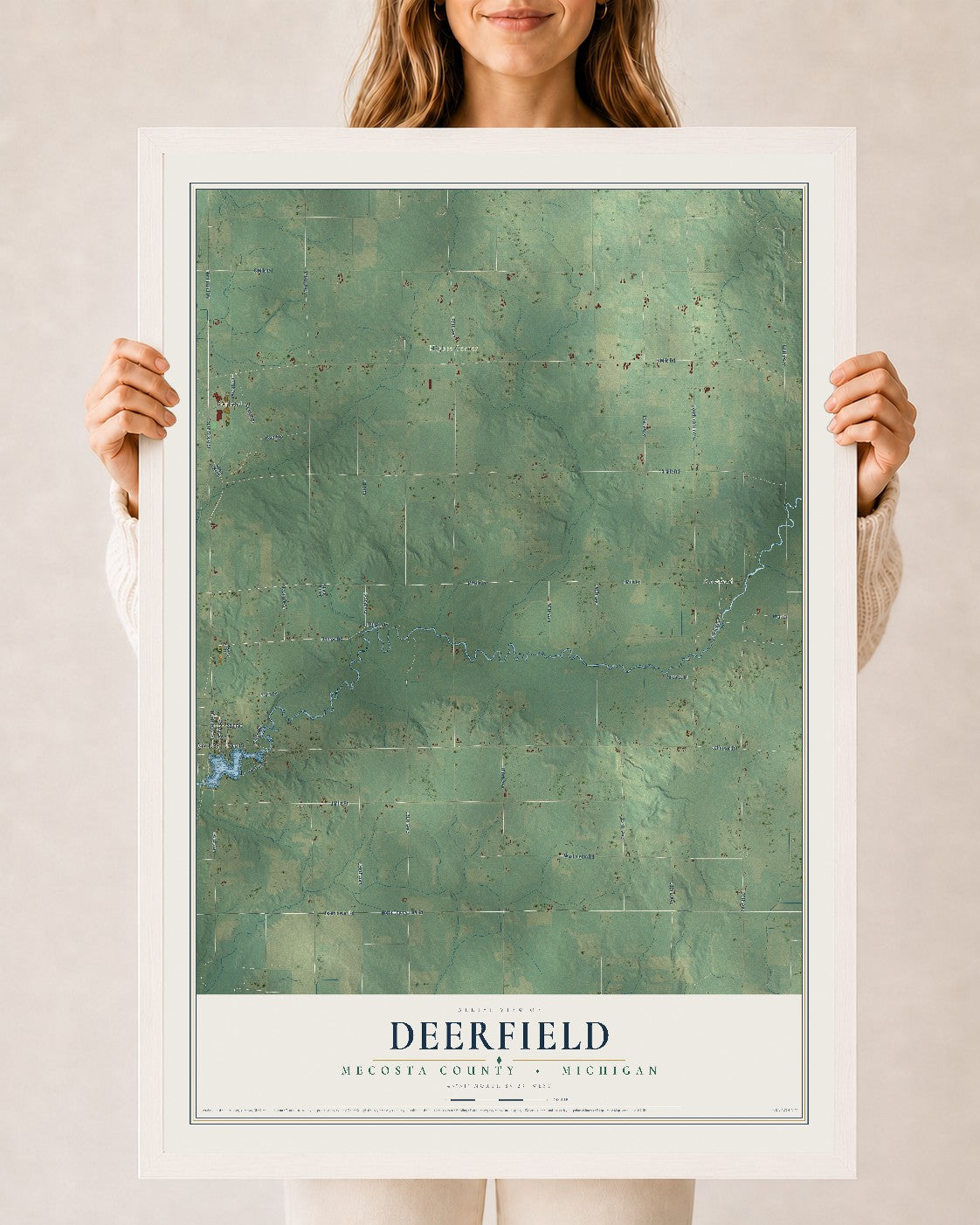 Map of Deerfield, Mecosta County, Michigan, 24 x 36 inch print in a white wood frame
