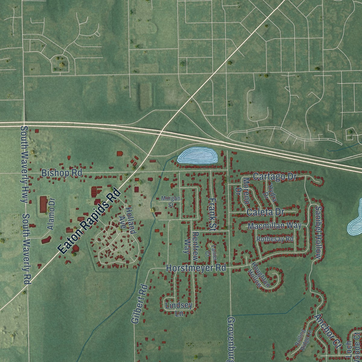 Second close-up of the map of Delhi, Michigan print showing more streets and buildings