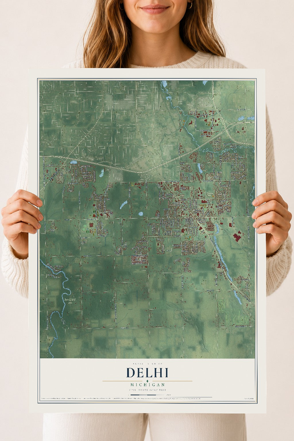 Map of Delhi, Michigan, 18 x 24 inch unframed archival matte print