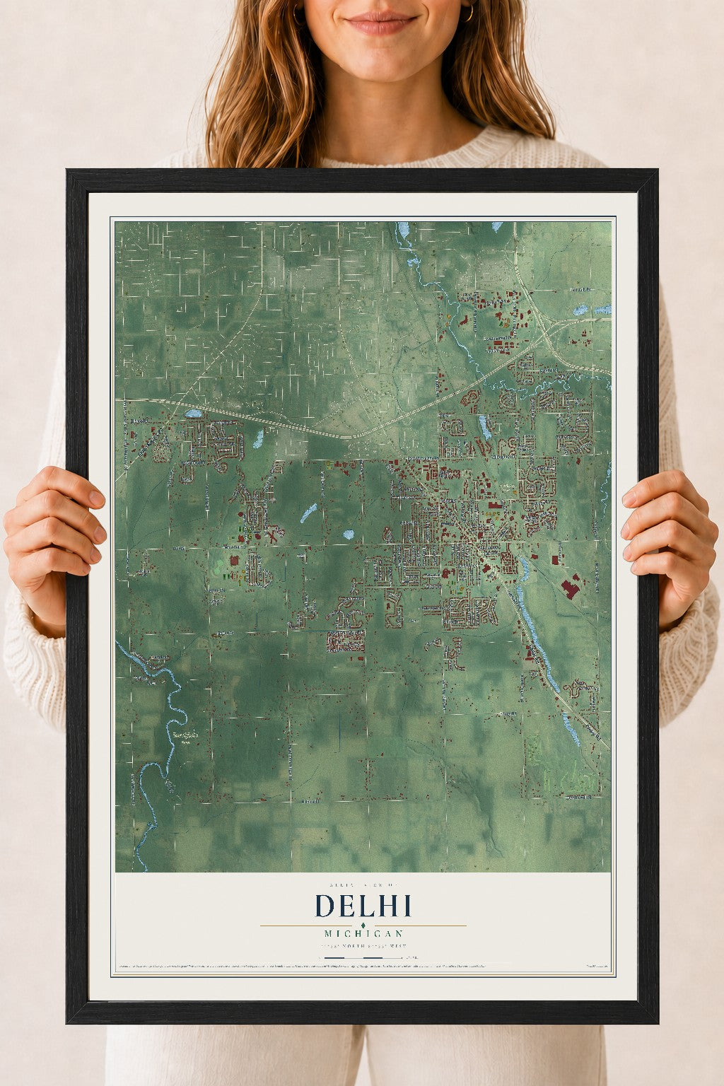 Map of Delhi, Michigan, 18 x 24 inch print in a black wood frame