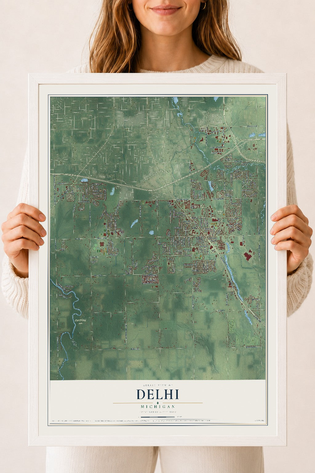 Map of Delhi, Michigan, 18 x 24 inch print in a white wood frame