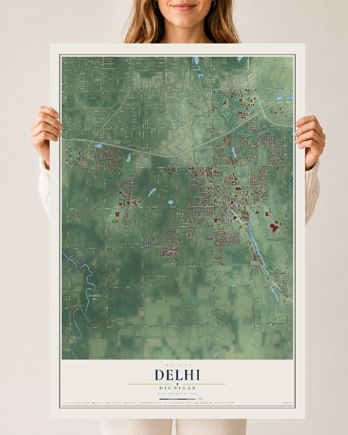 Map of Delhi, Michigan, 24 x 36 inch unframed archival matte print