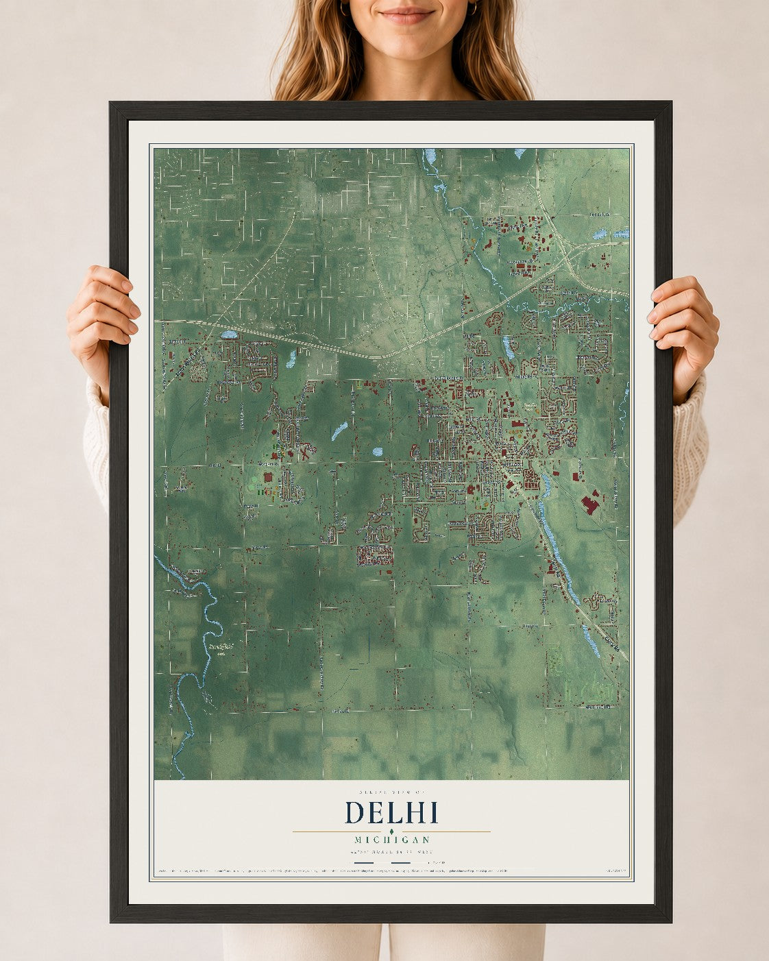 Map of Delhi, Michigan, 24 x 36 inch print in a black wood frame