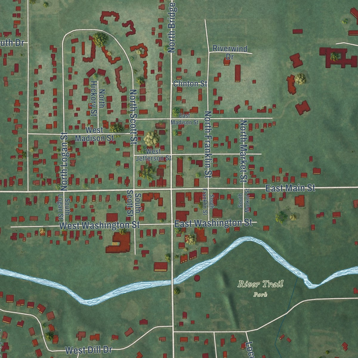 Close-up of the map of DeWitt, Michigan print showing street and building detail