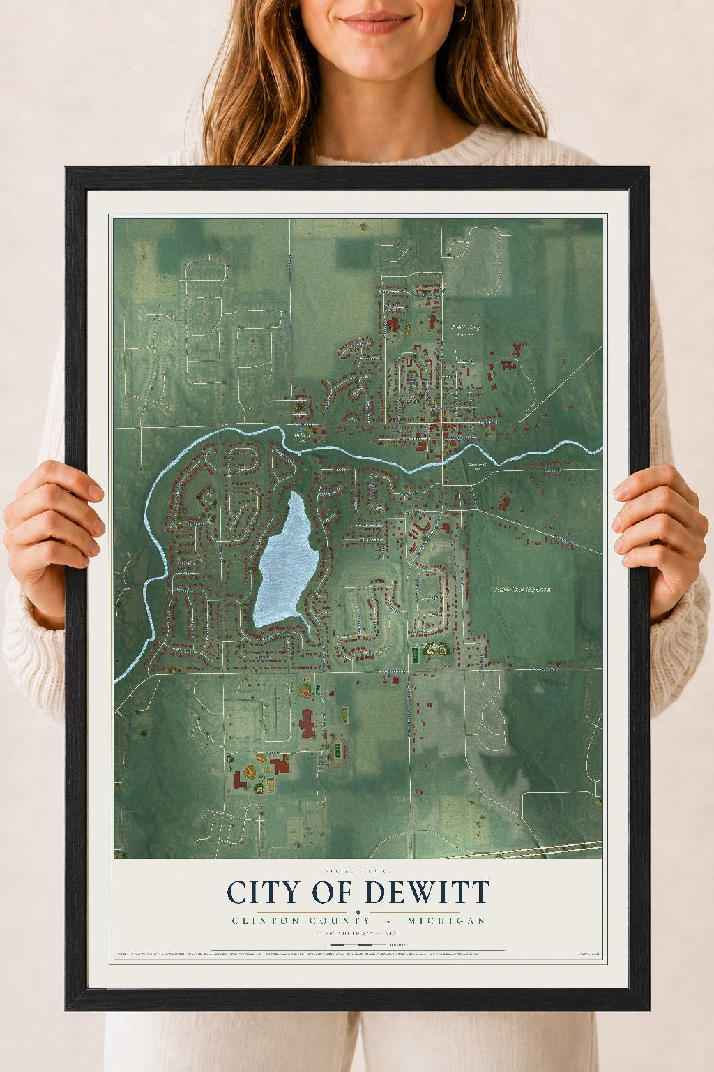 Map of DeWitt, Michigan, 18 x 24 inch print in a black wood frame