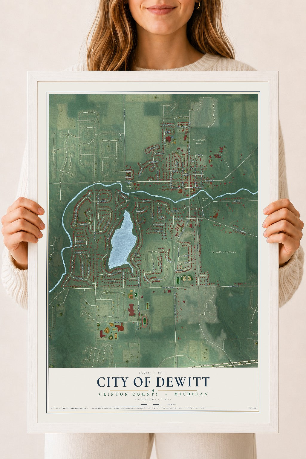 Map of DeWitt, Michigan, 18 x 24 inch print in a white wood frame