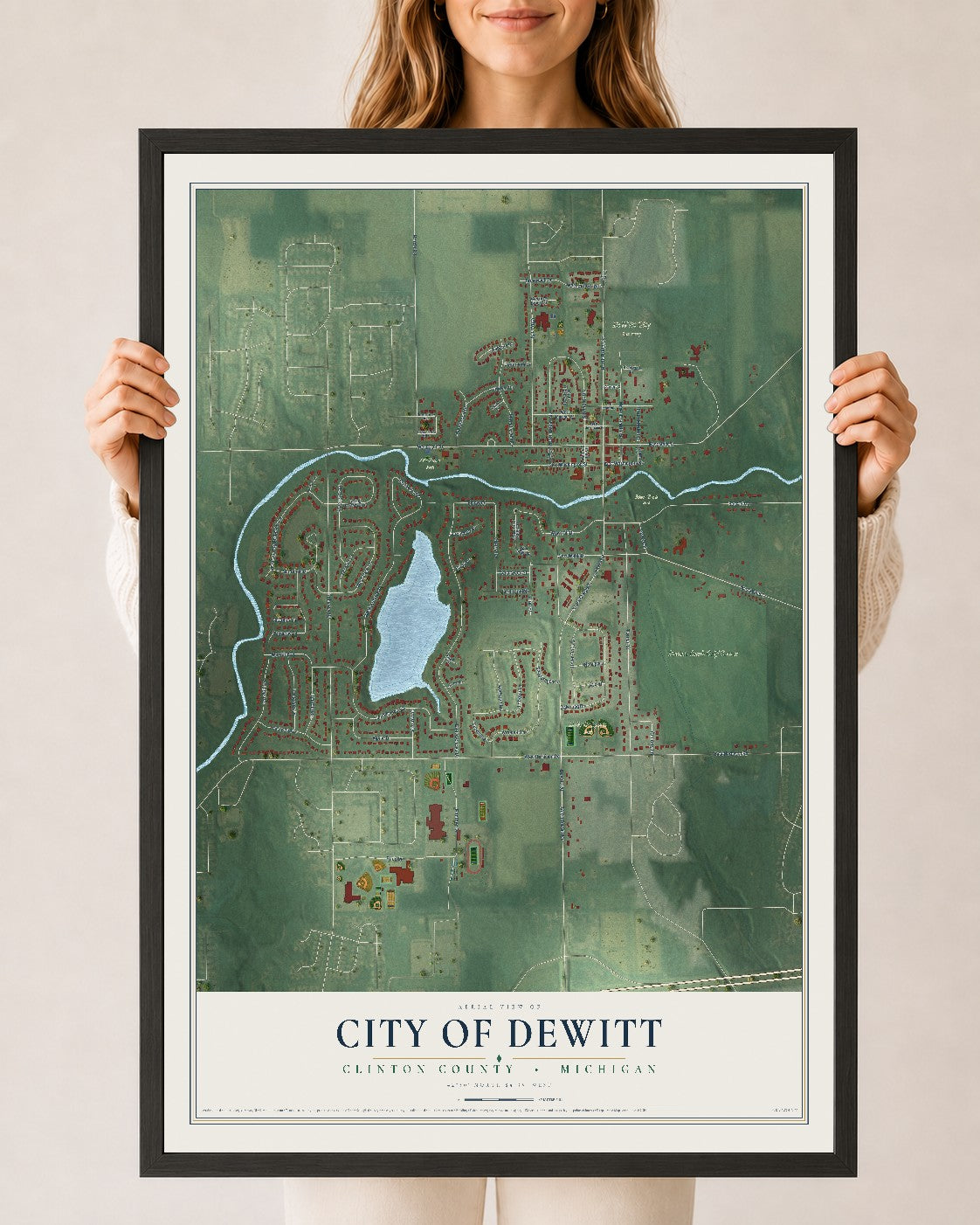 Map of DeWitt, Michigan, 24 x 36 inch print in a black wood frame