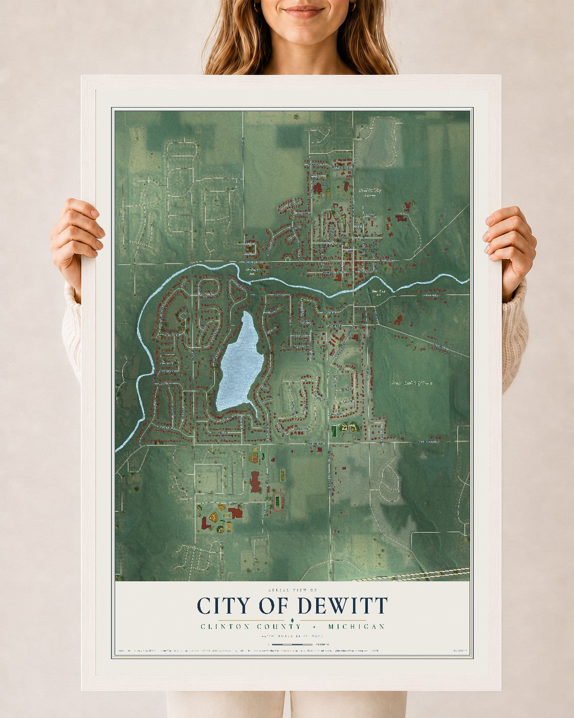 Map of DeWitt, Michigan, 24 x 36 inch print in a white wood frame