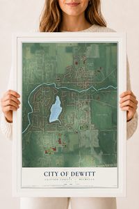 Map of DeWitt, Michigan, 18 x 24 inch print in a white wood frame