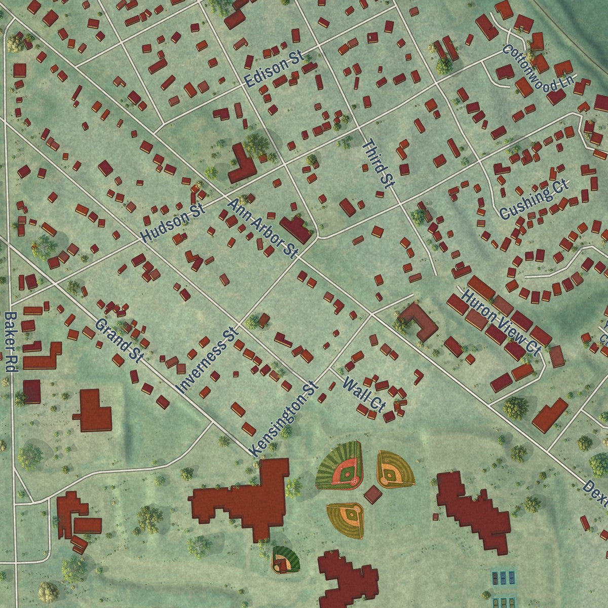 Close-up of the map of Dexter, Michigan print showing street and building detail