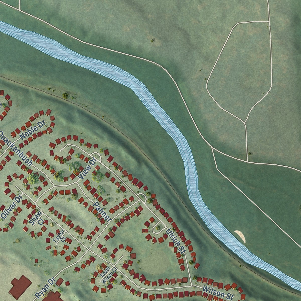 Second close-up of the map of Dexter, Michigan print showing more streets and buildings