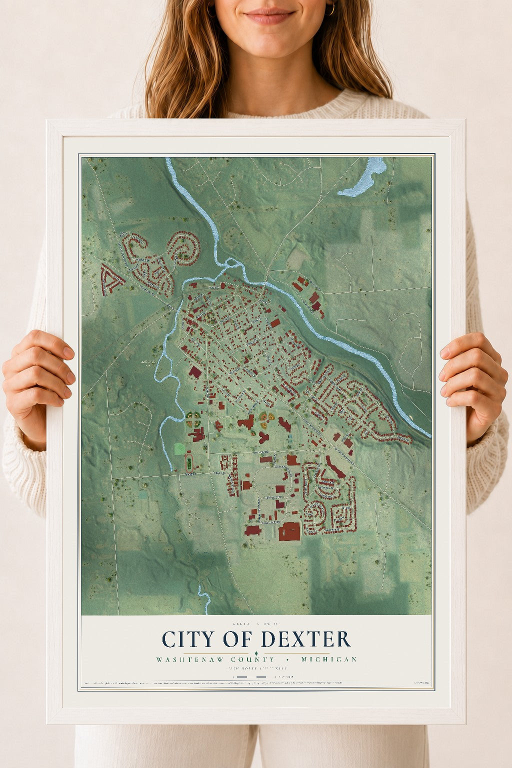 Map of Dexter, Michigan, 18 x 24 inch print in a white wood frame