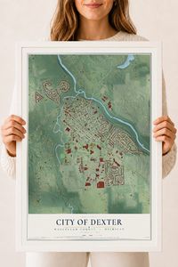 Map of Dexter, Michigan, 18 x 24 inch print in a white wood frame