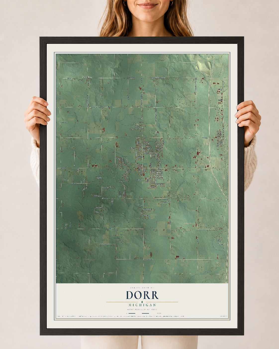 Map of Dorr, Michigan, 24 x 36 inch print in a black wood frame