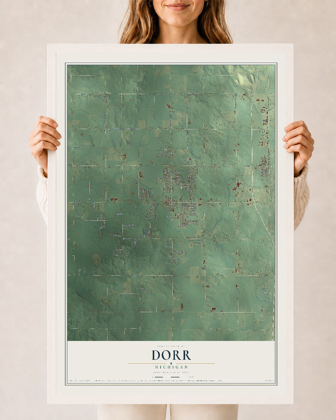 Map of Dorr, Michigan, 24 x 36 inch print in a white wood frame