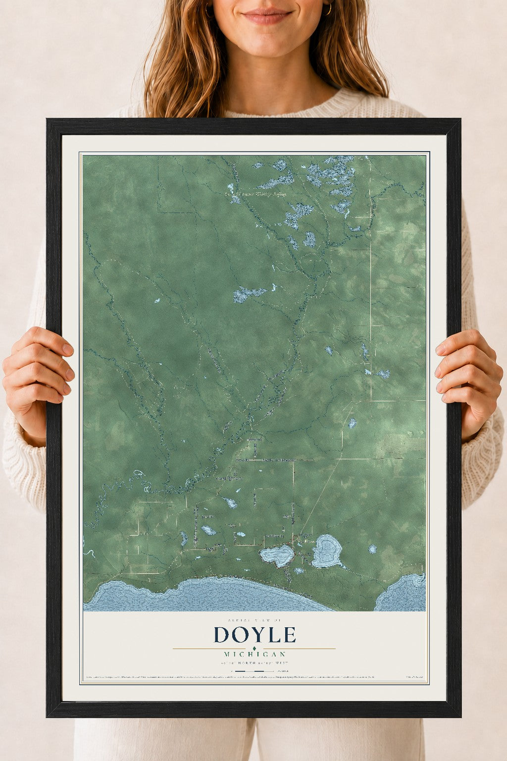 Map of Doyle, Michigan, 18 x 24 inch print in a black wood frame